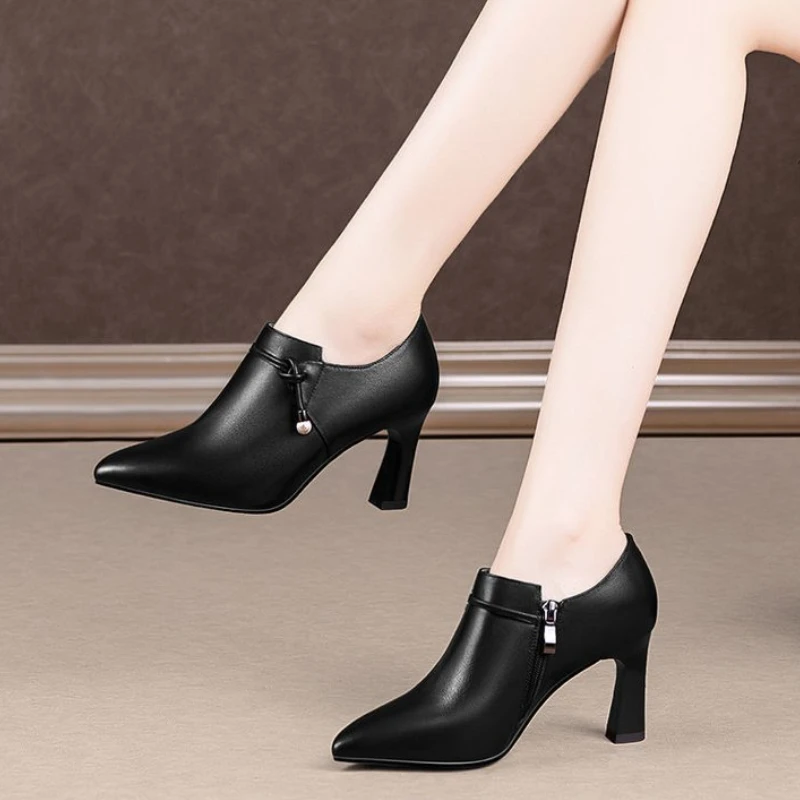 British Style Small Leather Shoes 2024 New Pointed High Heels Women\'s Spring and Autumn Design Retro Deep Mouth Women\'s Shoes