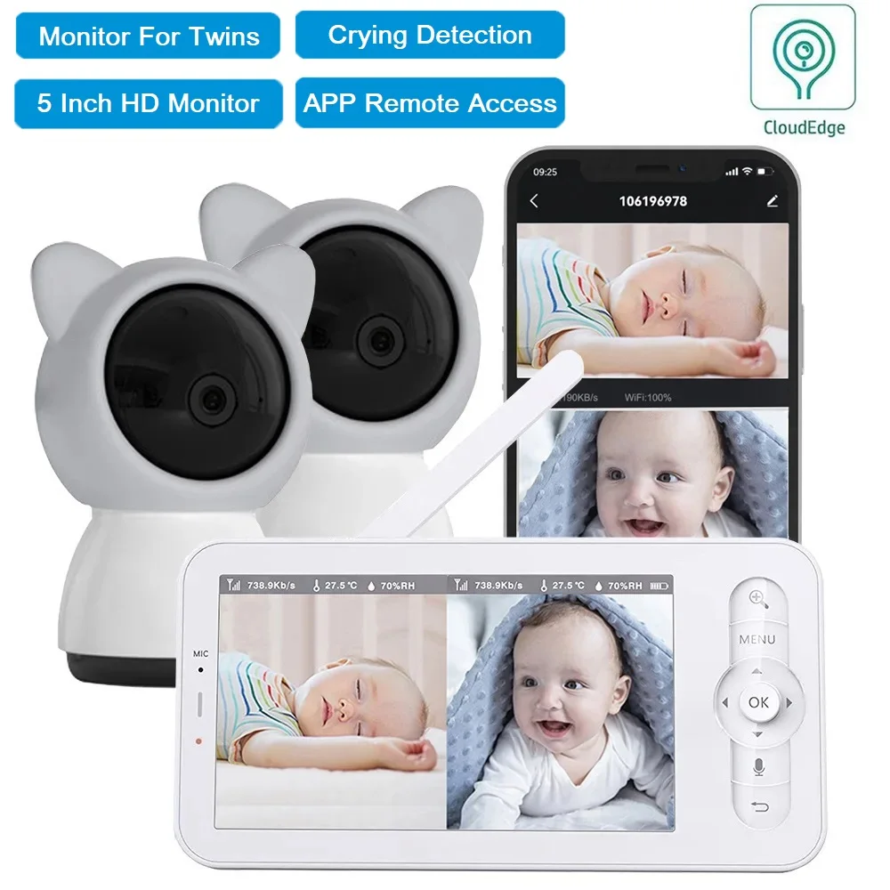 WOUWON 2K 3MP For Twins Baby Gift Baby Monitor Two Cameras Babyphone Video Baby Camera HD 5 Inch LCD Two Way Talk PTZ Lullabies