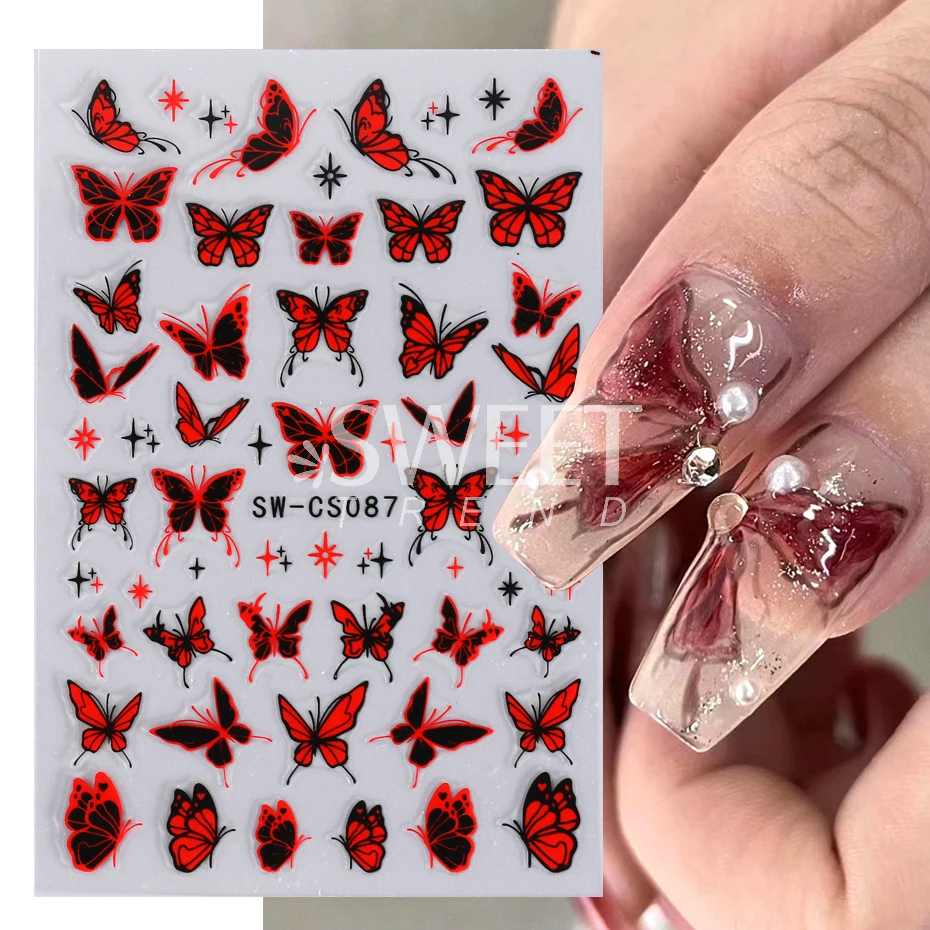 Black Silver Chrome Butterfly Nail Stickers Metal Mirror Star Gilded Design Decals DIY Summer Red Moon Decoration Manicure Wraps