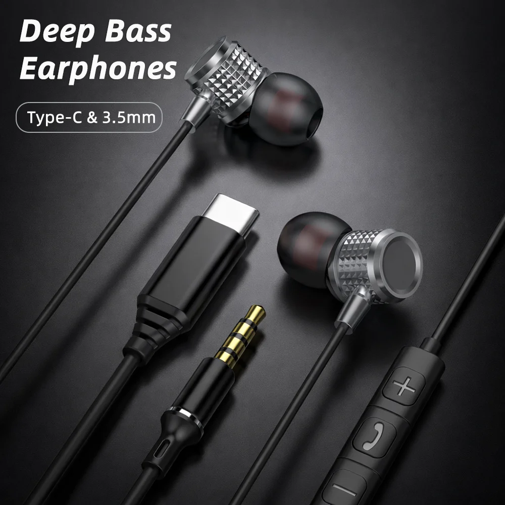 

USB Type C Earbuds Metal Heavy Bass Earphones In Ear Noise Reduction 3.5mm Wired Headphones with Mic for Samsung Galaxy iPhone
