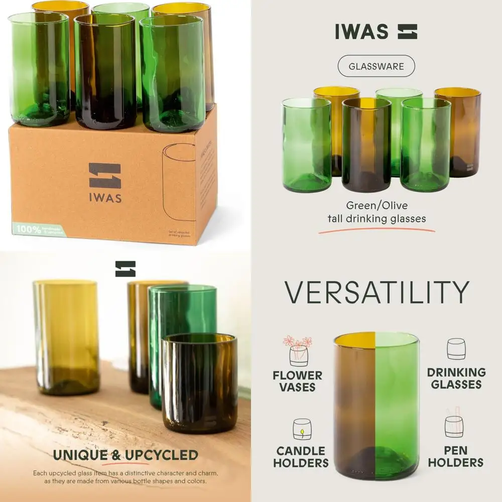 

Upcycled Tall Drinking Glasses 400ml 13.53oz Set of 6 - Sustainable Water and Cocktail Glasses for Home Environment Friendly