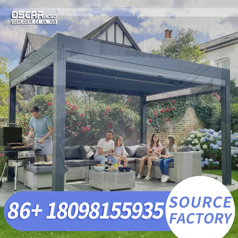 12x16ft Outdoor Aluminum Motorized Adjustable Roof LED Pergola Gazebo for Backyard BBQ Kitchen Patio pergola