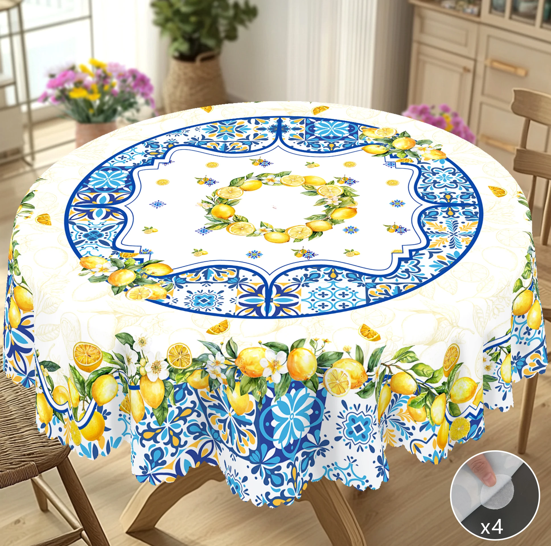 Nappe rectangulaire imprimée fruits et citron d'été 1 pièce, bleu et blanc, nappe ronde à motifs, nappe de fête, décoration de table de maison, décoration de table de camping de cour, couverture de table pour la cuisine quotidienne de la maison, terrasse, utilisation intérieure et extérieure