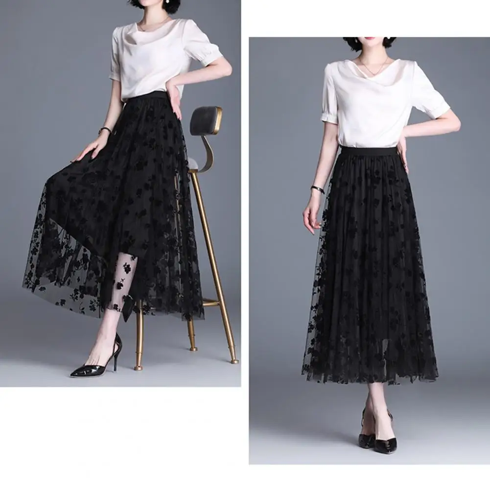 Flocked Flower Print Midi Skirt Elegant Reversible A-line Skirts for Women High-waisted Embroidered Flocked Flower for Wear