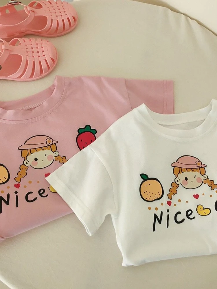 

Cute Little Girl ort Sve T-irt Summer New Korean Sle Loose Baby Girl Base Layer irt Trendy Cotton Blend round Ne