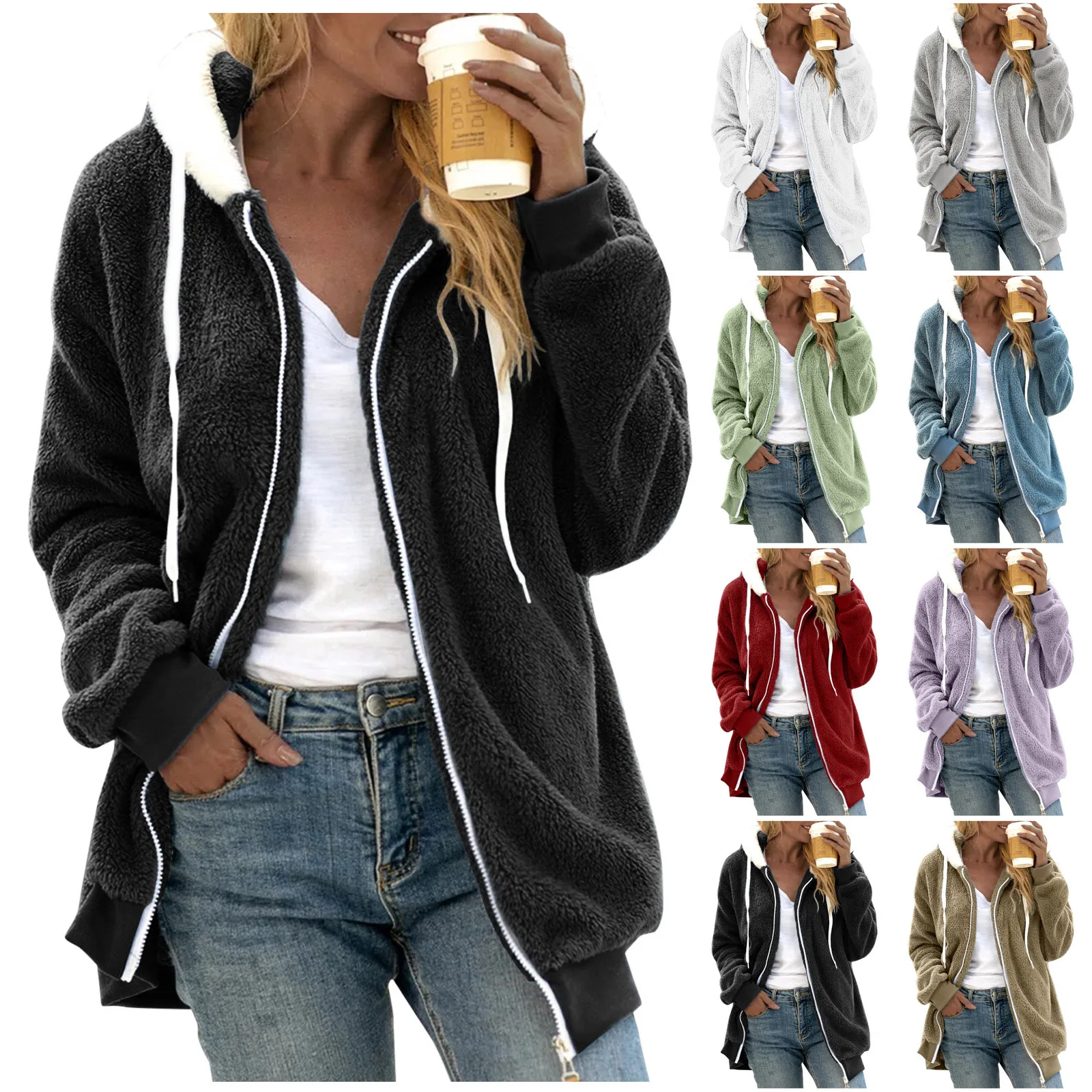 Women Plush Winter Sweatshirt Loose Artificial Wool Zipper Drawstring Long-Sleeved Hoodie Sweater Coat Thicken Warm Jackets Pull