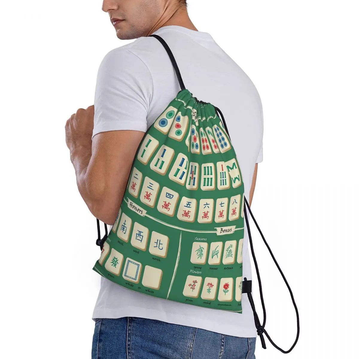 

Mahjong Tile Pattern Backpacks Portable Drawstring Bags Sundries Bag Book Bags for Man Woman Students