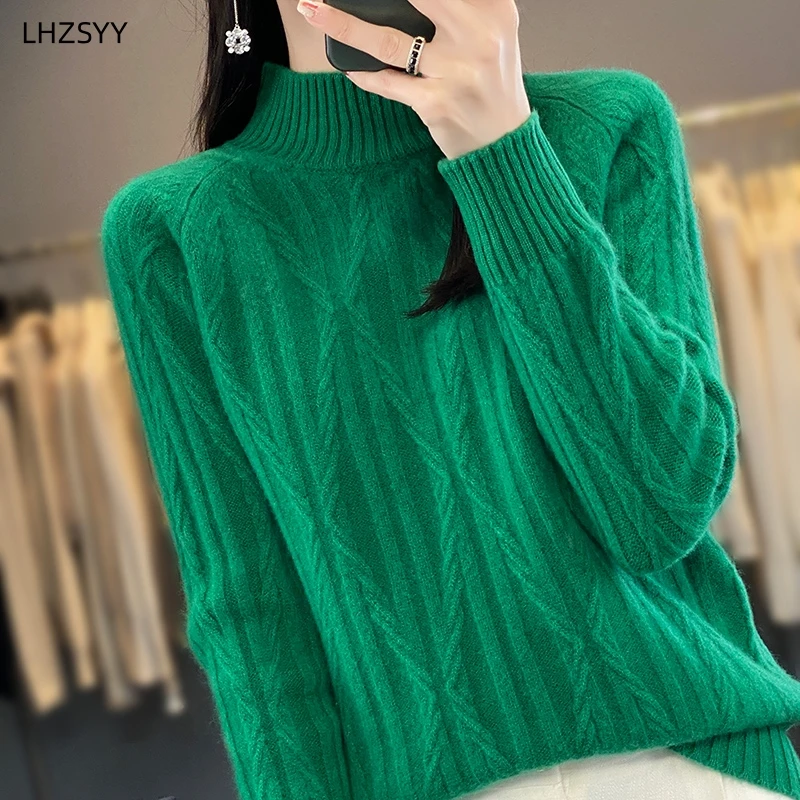 LHZSYY Half Turtleneck Cashmere Sweater Women's Autumn Winter Pullover Fashion Warm Knit Base Shirt 2023 New Loose Pure Wool Top