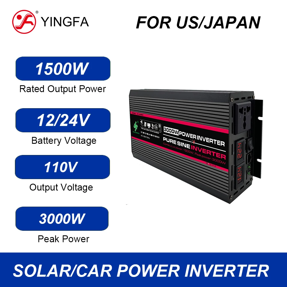 YINGFA For USA Canada Japan Rated Output Power 1500W Peak 3000W DC 12V 24V To AC 110V Pure Sine Wave Power Inverters