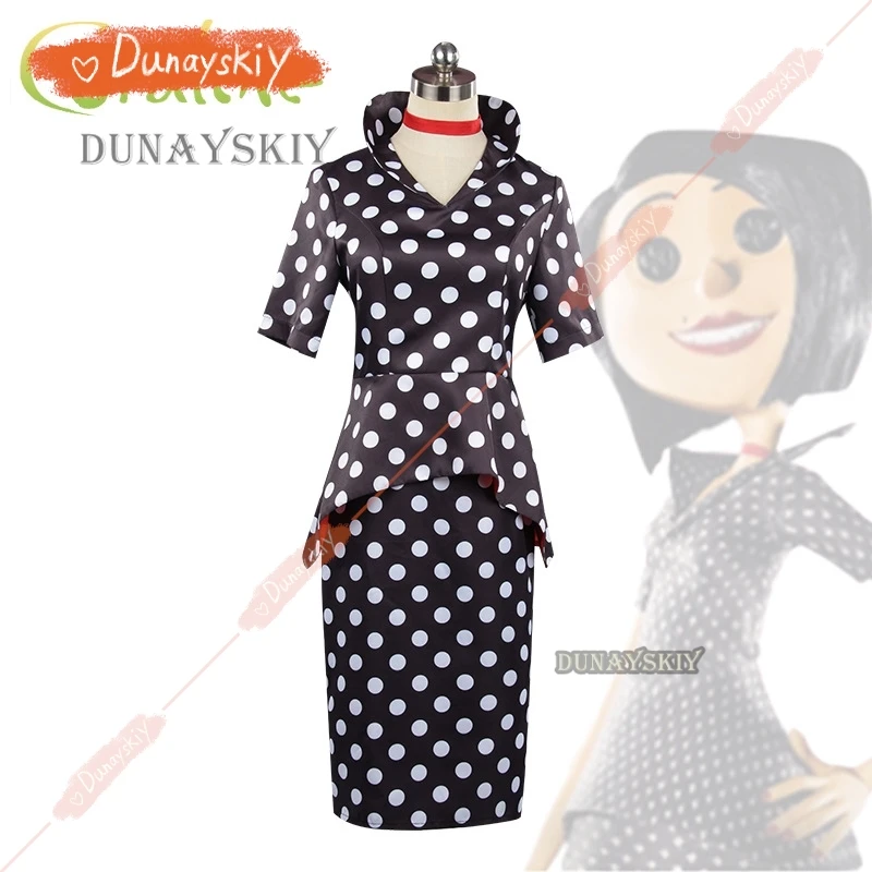 Costume de cosplay de film d'horreur de conte de fées, Coraline, robe à pois, bouton secret, yeux, fête d'Halloween, jeu de rôle effrayant imbibé, perruque