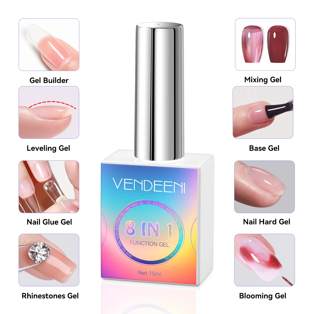 Vendeeni TPO HEMA Free 15ml 8 en 1 Gel multifuncional para uñas con diamantes de imitación, capa superior dura, Gel Base, Gel mezclador floreciente para uñas