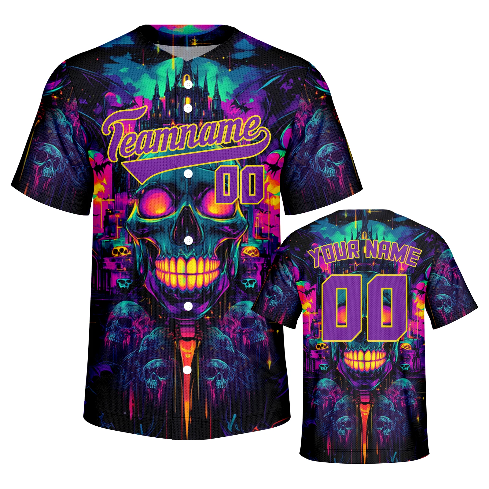 Halloween Jersey Custom Baseball Shirt with Skull Design 3D Personalized Team Name Number Logo Hip Hop Shirt for Adults Kids