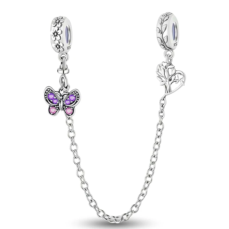925 Sterling Silver Love Heart Four Leaf Clover Butterfly Safety Chain Fit Bracelet Charms Beads For Women DIY Jewelry