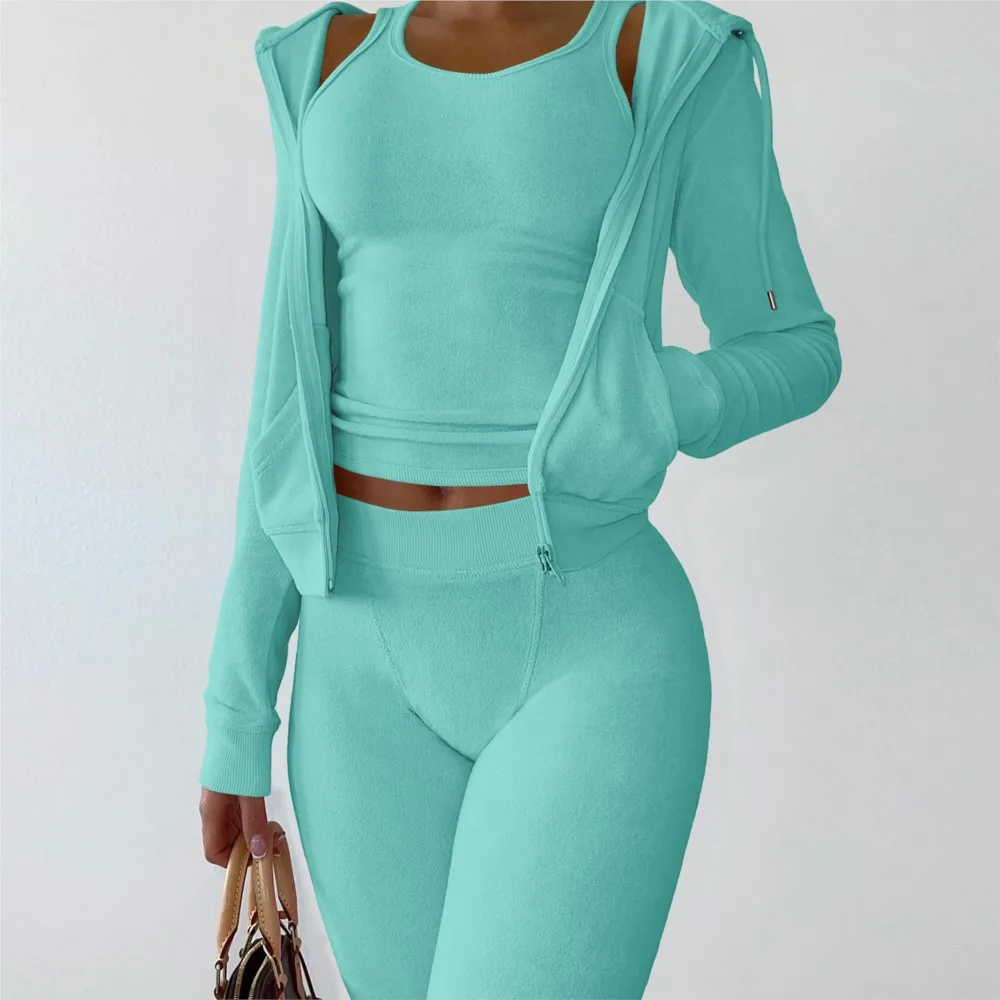 Autumn Winter Double-sided Velvet Vest 3 Piece Set For Woman's Fashion Hooded Sweatshirt Jacket Slim Pocket Trousers Female Suit