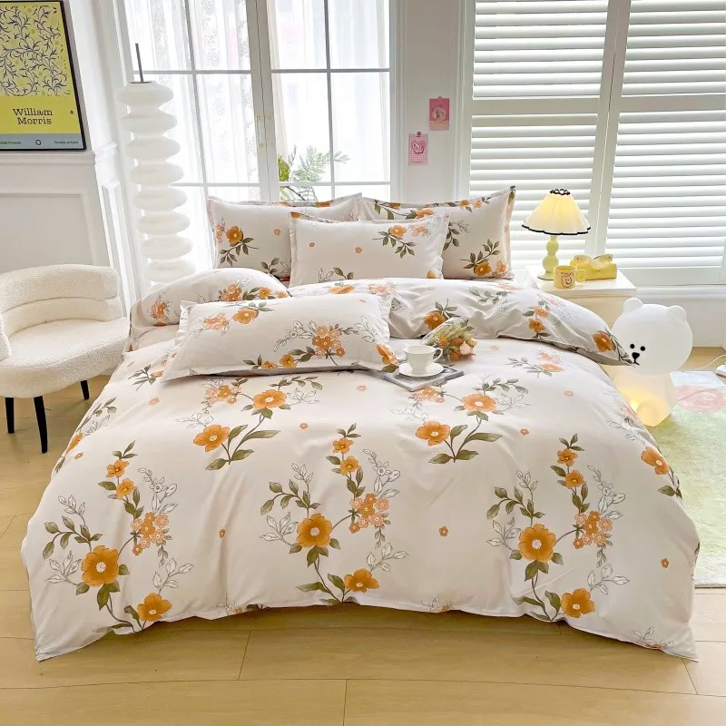 4pcs Yellow Floral Bedding Set, Soft Breathable Bed Linen with Duvet Cover, Pillowcases & Sheet, Full/Queen/King Size