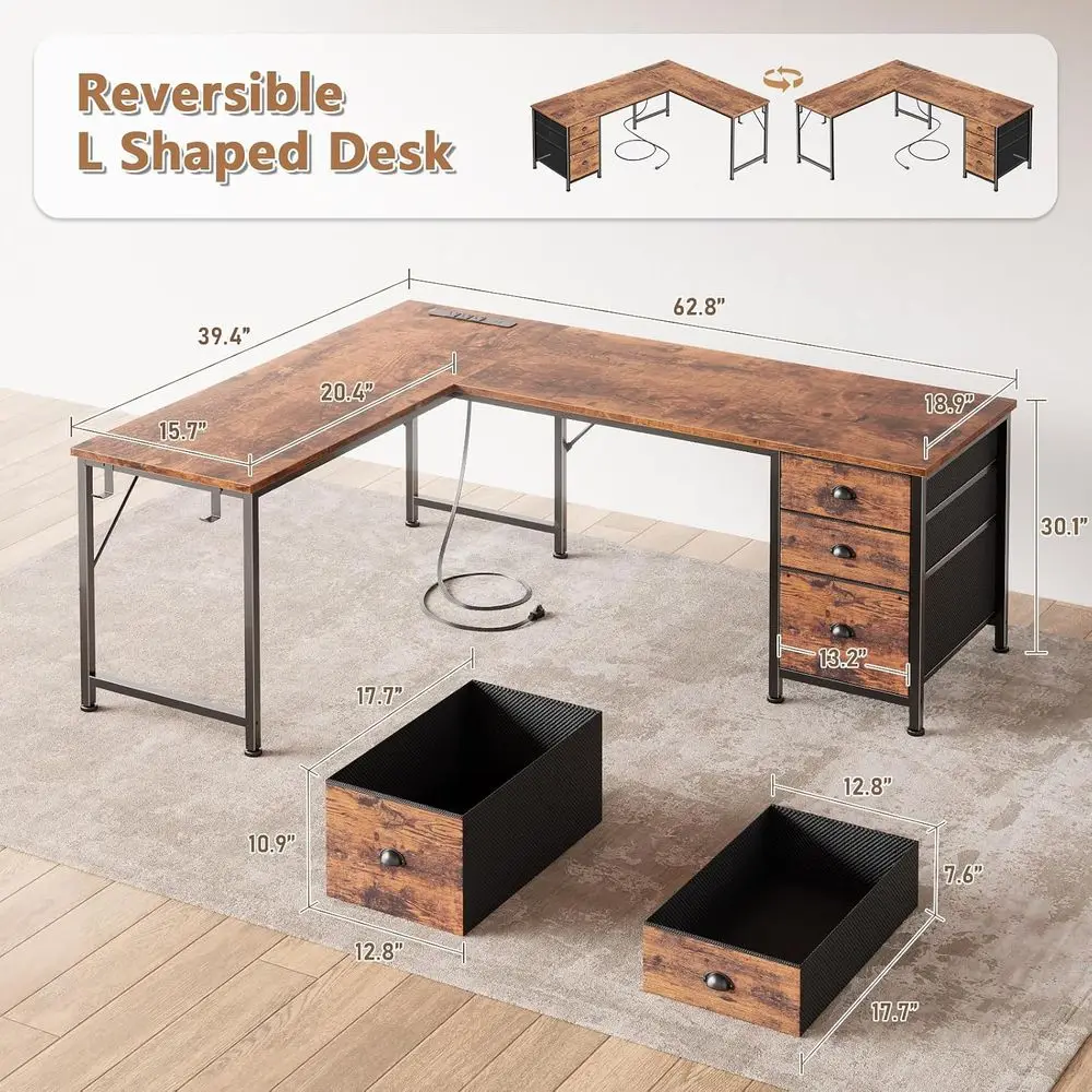 63 Rustic Brown L-Shaped Desk with Power and USB-C Ports, Reversible for Home Office, Gaming, Writing