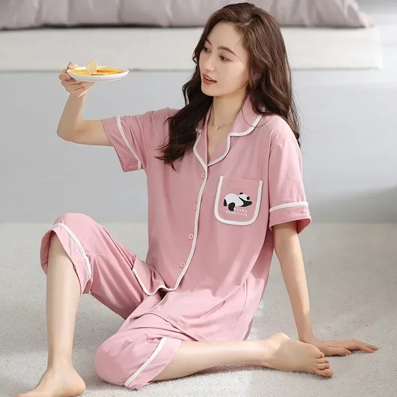 Летние свободные женские размеры с отложным воротником для девочек, капри с модальным принтом, милые пижамные кардиганы, брюки 4XL для пижамного воротника