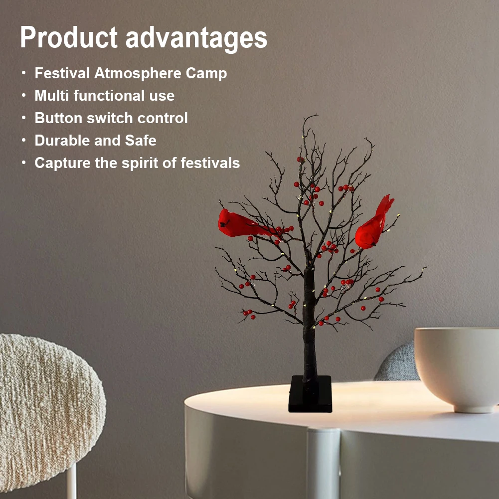 شجرة صغيرة مضاءة شجرة مع الطيور الحمراء والشجرة التوت الجدول الديكور ضوء بطارية تعمل LED الجنية الخفيفة للديكور المنزل #4
