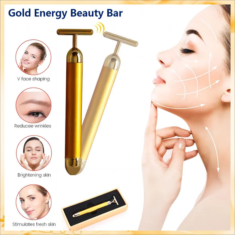 

24k Golden Facial Roller Massager T Shape Vibrating Face Lifting Energy Beauty Bar Body Skin Massage Device Face Care Tools