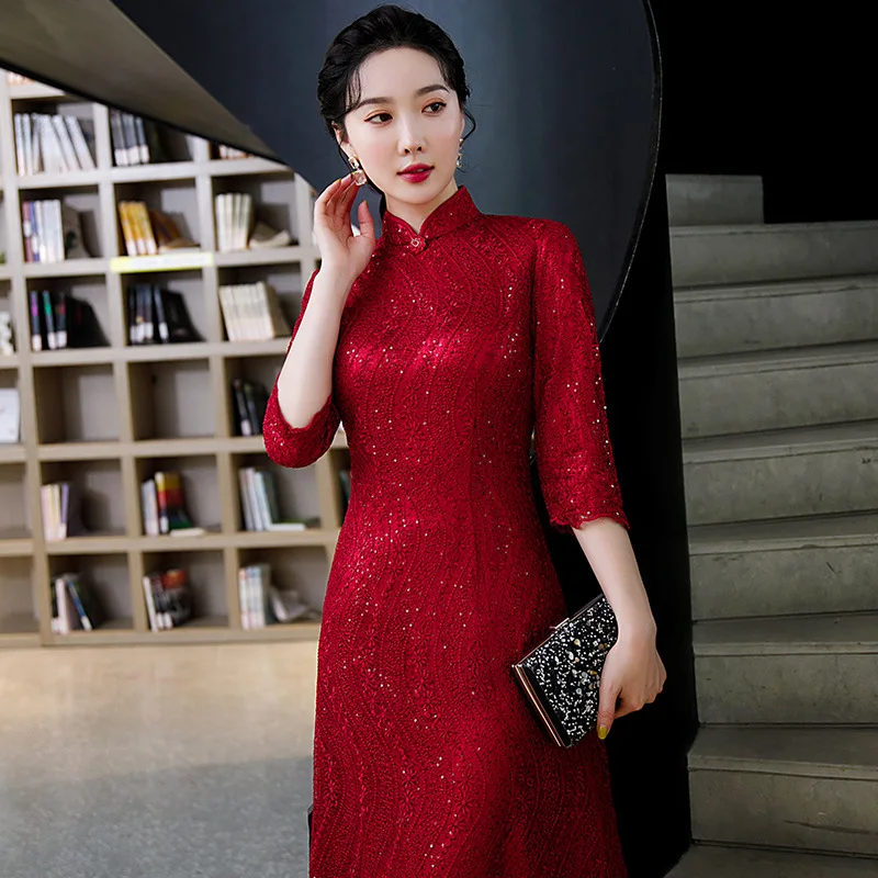 2022 Winter New Stand Collar Red Lace Qipao Mid-length Retro Improved Fashion Dress Cheongsam Chinese Traditional Dress