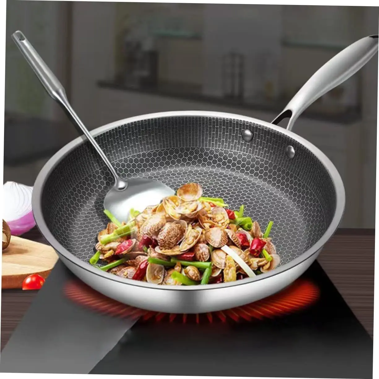 

Сковорода-вок из нержавеющей стали с сотовой структурой, совместимая с индукционными плитами, для газовых и электрических плит, с антипригарным покрытием