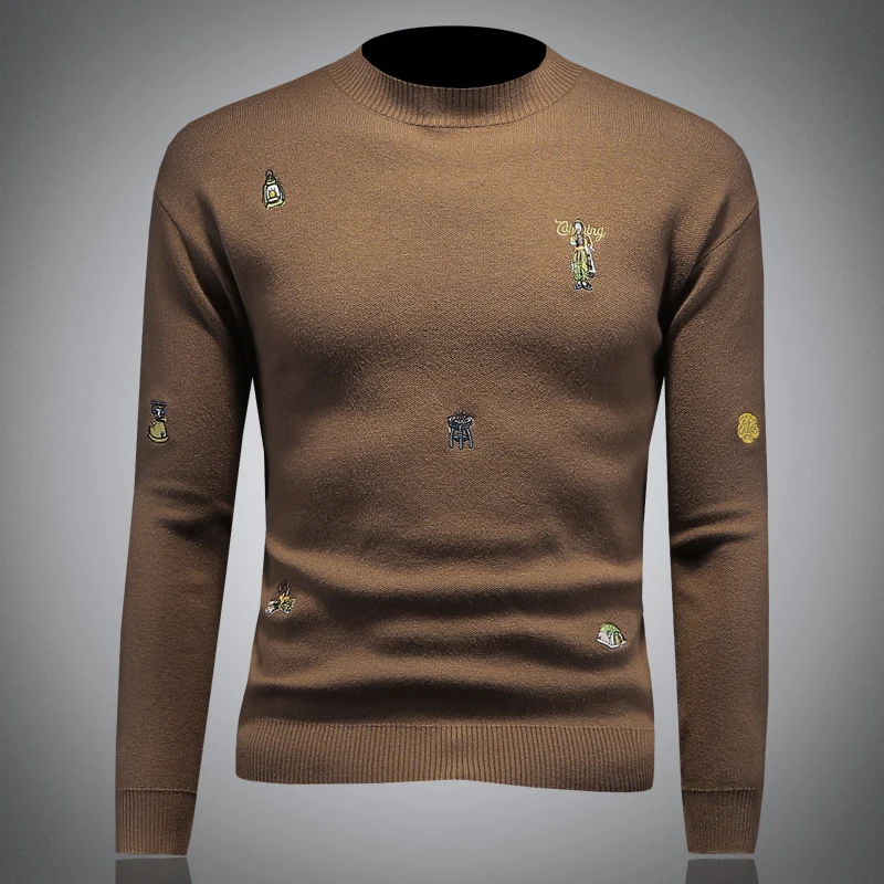 

Мужской повседневный вязаный свитер-худи с вышивкой, облегающий, с круглым вырезом, модный, осенне-зимний, с длинными рукавами