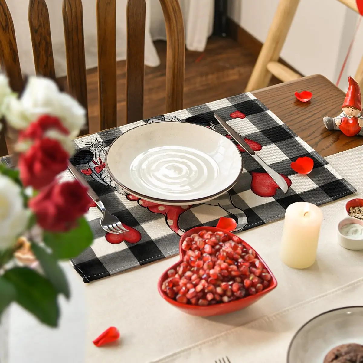 Buffalo Plaid Hearts Gnomes Love Valentine's Day Table Runner/Placemats Set of 4, 12x18'' Anniversary Wedding Holiday Table Mats