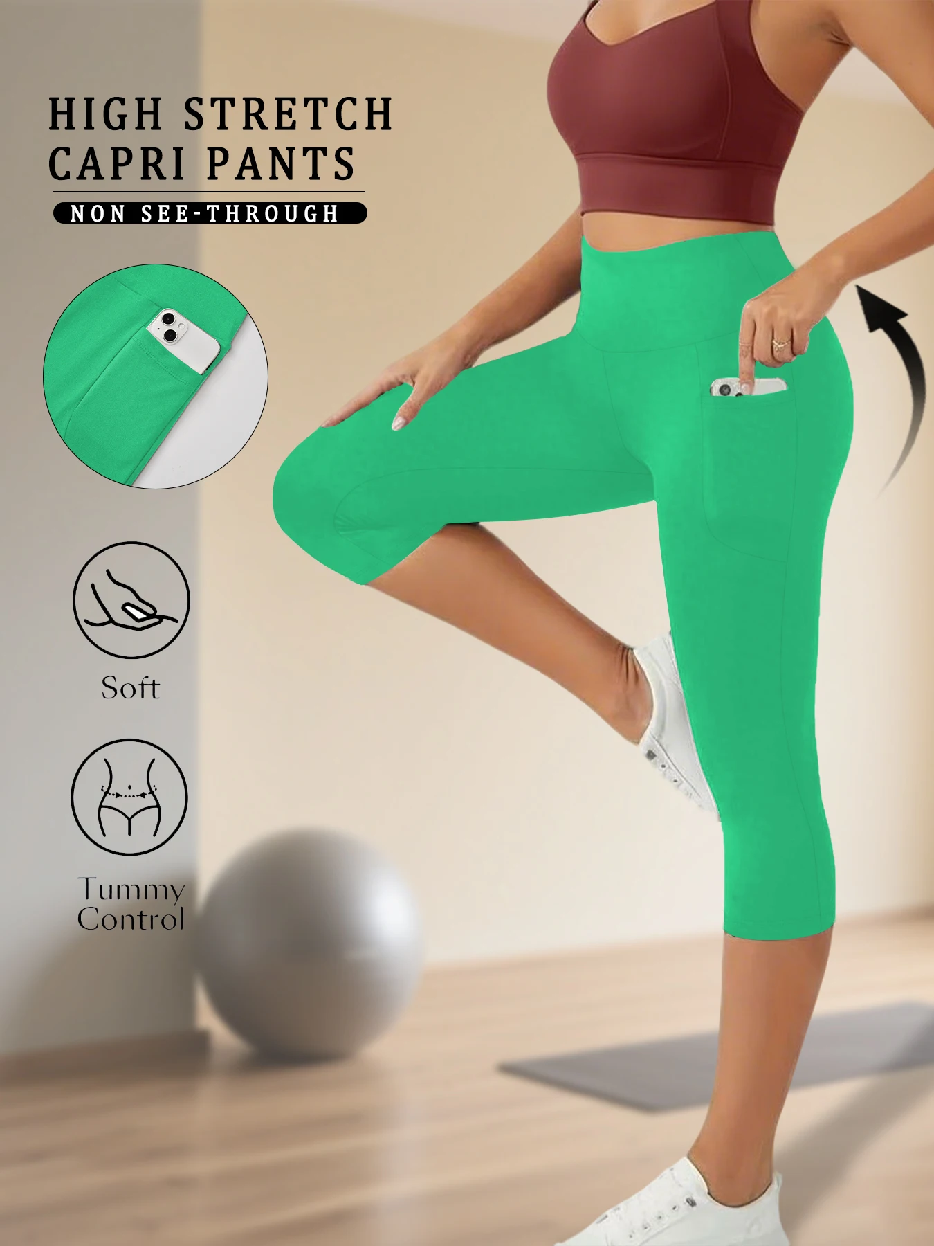 Hochtaillierte Caprihosen für Damen mit Taschen, Bauchkontrolle, nicht durchsichtig, für Workout, Laufen, Yoga, Sport, Push-Up-Gym-Leggings