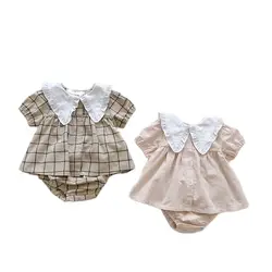 2PCS Fashion Plaid Design Big Collar Toddler Infant Baby Tee and Bloomers Suits Cute Princess Baby Clothing Set Outfit