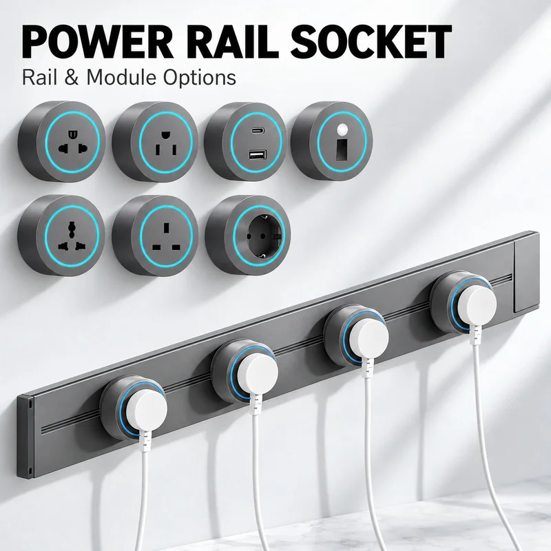 Power Track Rail Socket Options 40 50cm Surface or Embedded Rails with US UK EU Universal USB Module Choices