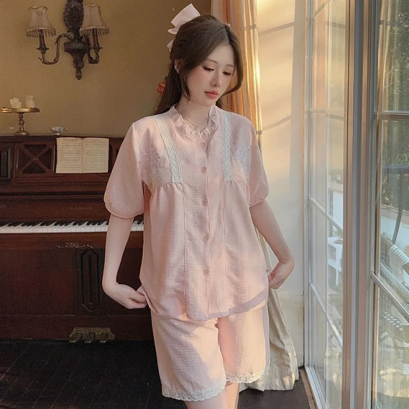 

Large Size Home Clothes with Chest Pad Women Summer Korean Sle Court Style Outwear Sleepwear Cardigan Top Shorts Two-Piece Set