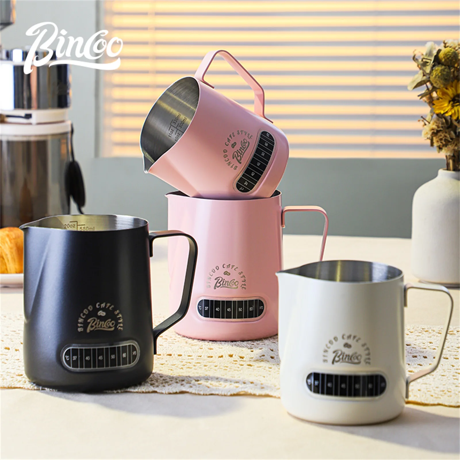 

Bincoo Round Spout Coffee Pitcher with Temp Display, Stainless Steel Milk Frother Jug for Latte Art, Espresso Accessory