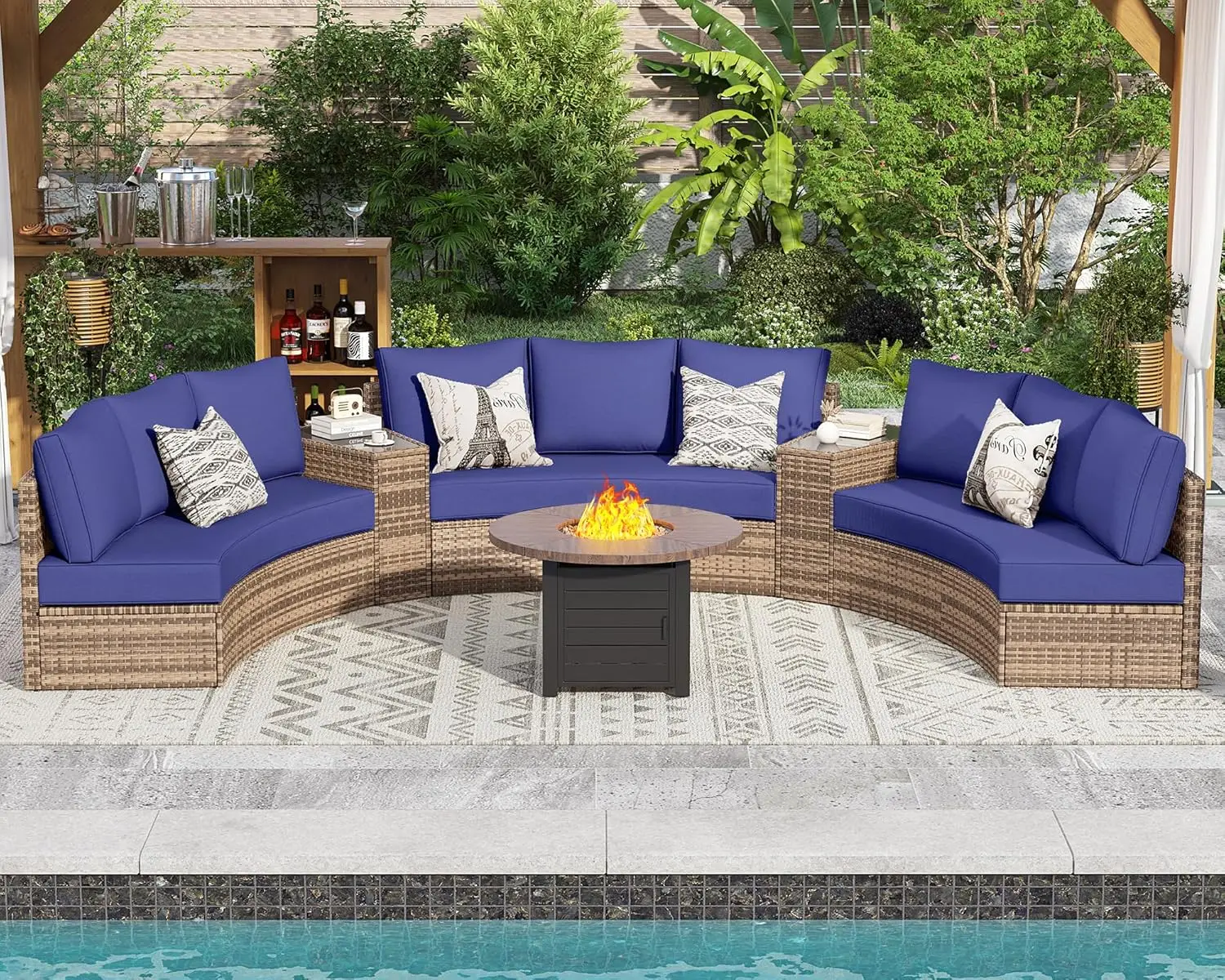 

Half-Moon Sectional Round Patio Furniture Set, with Large Storage Wedge Table Wicker Sofa Set, for Backyard Patio Garden