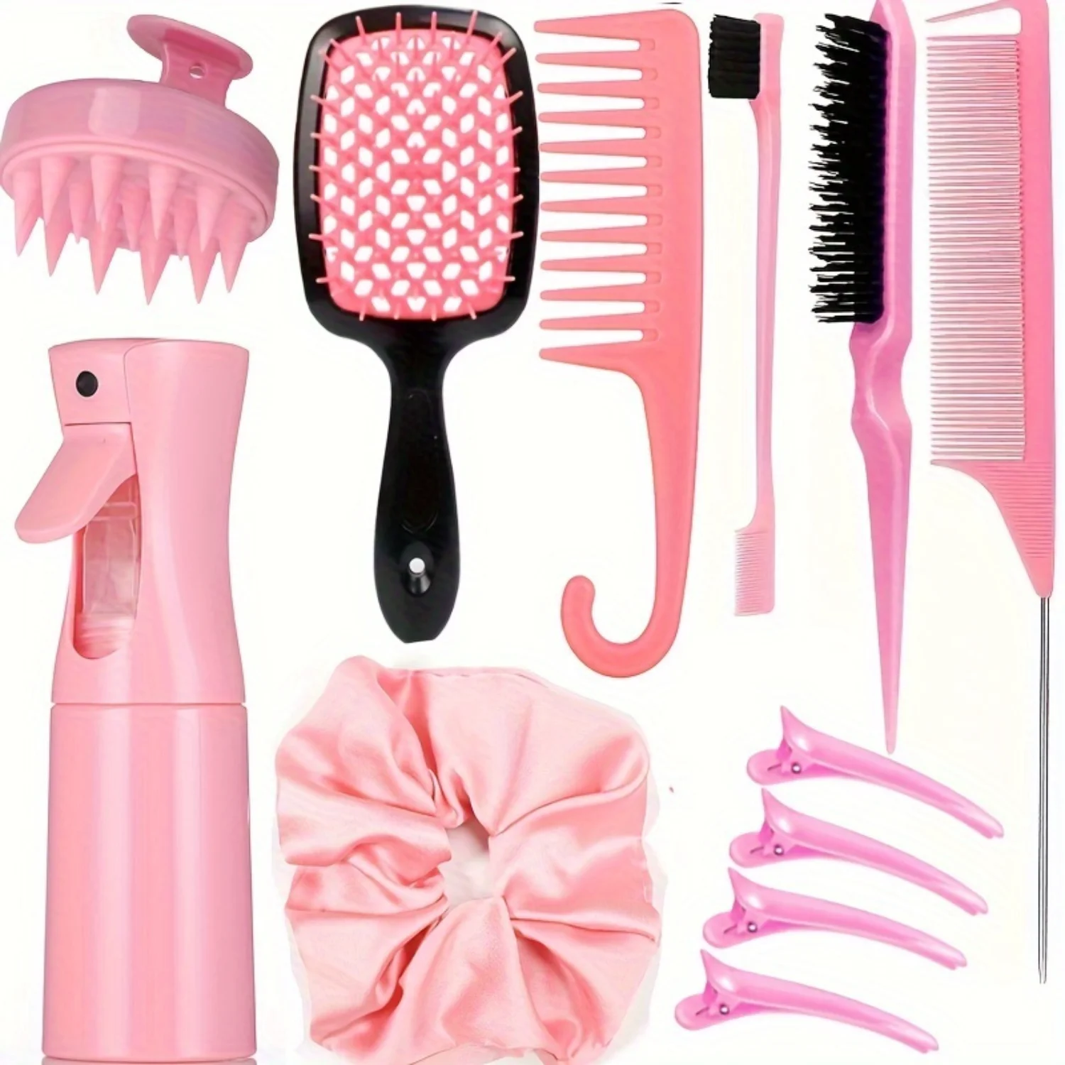 Combs Set for Normal Hair - Fine-Tooth Plastic Bristles, ABS Handle, Includes Teasing Brush, Edge Brush, Rat Tail Comb