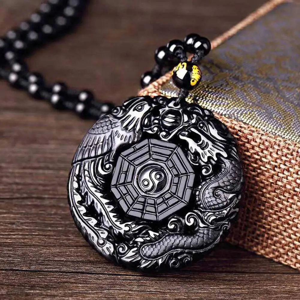 Natural Black Obsidian Hand Carved Chinese Dragon Phoenix Bird Amulet BaGua Necklace For Women Men Luck Mascot Amulet Pendant