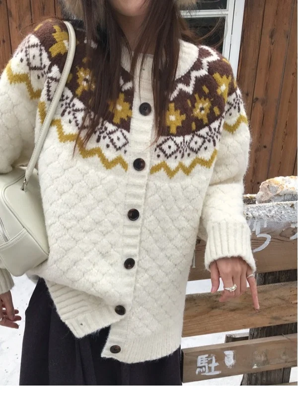 

Retro Lazy Thiened Fair Isle Knitted Sweater Coat Women's Winter Color Blo Pine Pattern Single Button Open Cardigan