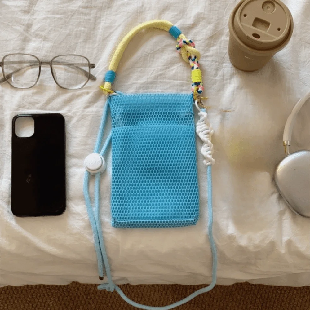 Adjustable Lanyard Mesh Phone Bag Braided Strap Portable Design Phone Crossbody Bag Mini Purse Cute Style Mobile Phone Pouch view 3