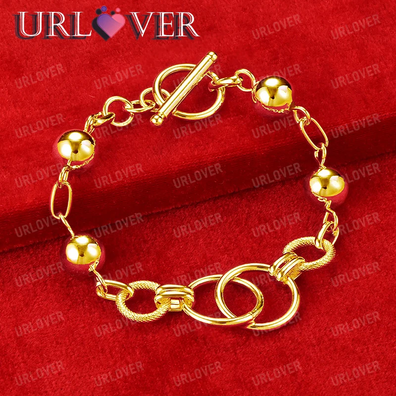 

URLOVER 18K Gold Smooth Beads Bracelet For Woman Fashion Jewelry Lady Hand Chain Engagement Bangles Wedding Party Birthday Gift