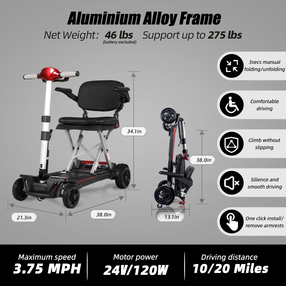 سكوتر مانول قابل للطي لكبار السن سهل السفر سكوتر متنقل قابل للطي للسفر 48 رطل خفيف الوزن بسعة 275 رطل