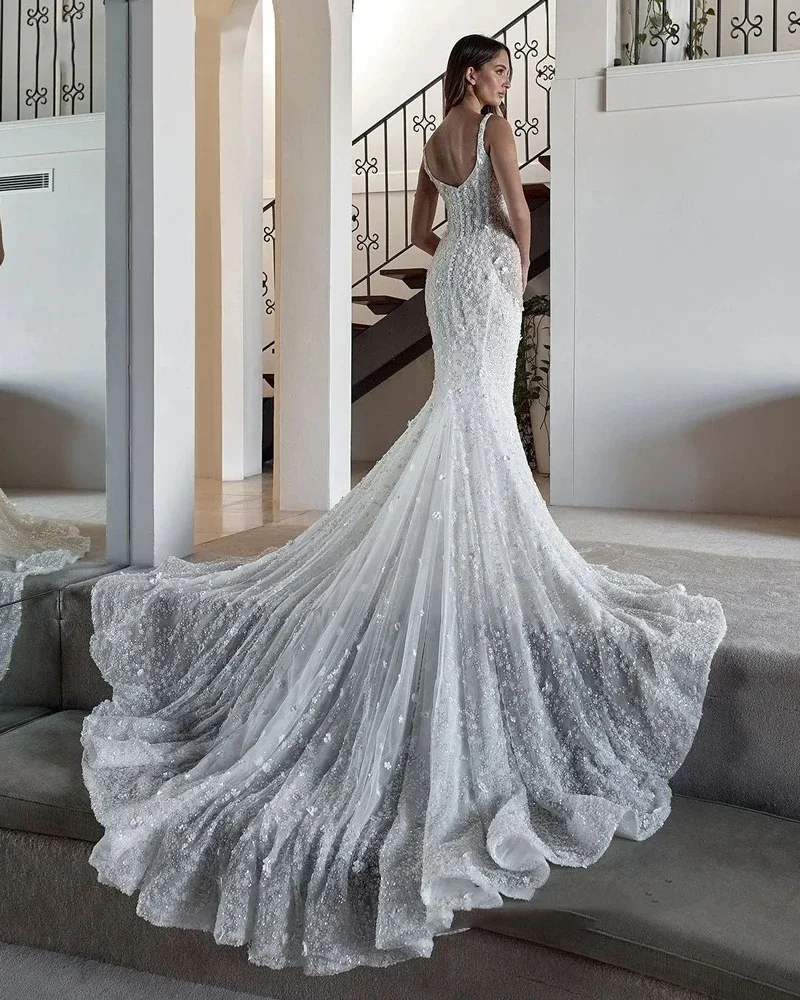 Flavinke Customized Lace Mermaid Wedding Dresses Spaghetti Straps Bridal Gowns Sleeveless Flower Sweep Train Vestido De Novias