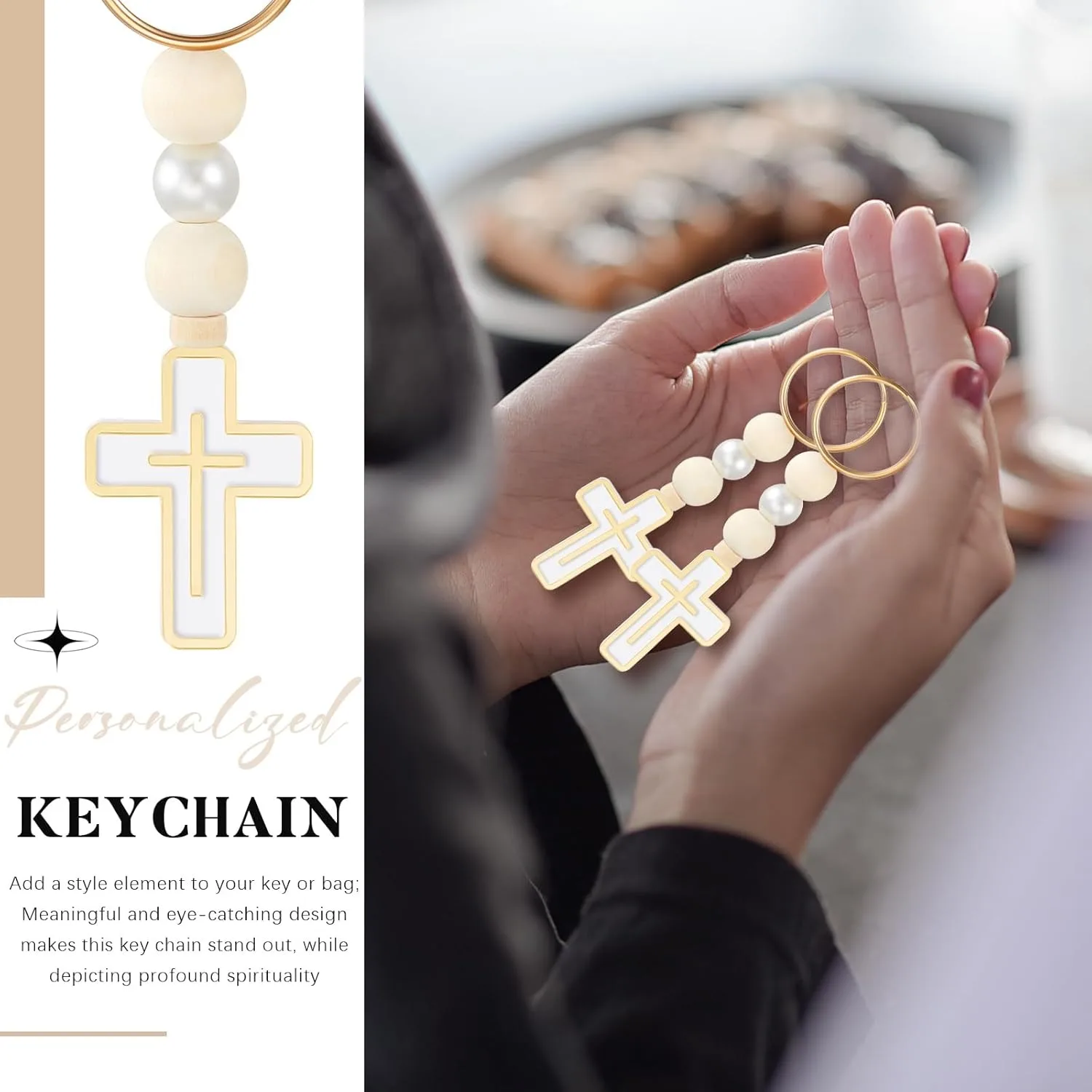 10/20Pcs First Holy Communion Favors Rosary Beads with Cross Crucifix Keychain with White Organza Bag Baptism Favors view 6