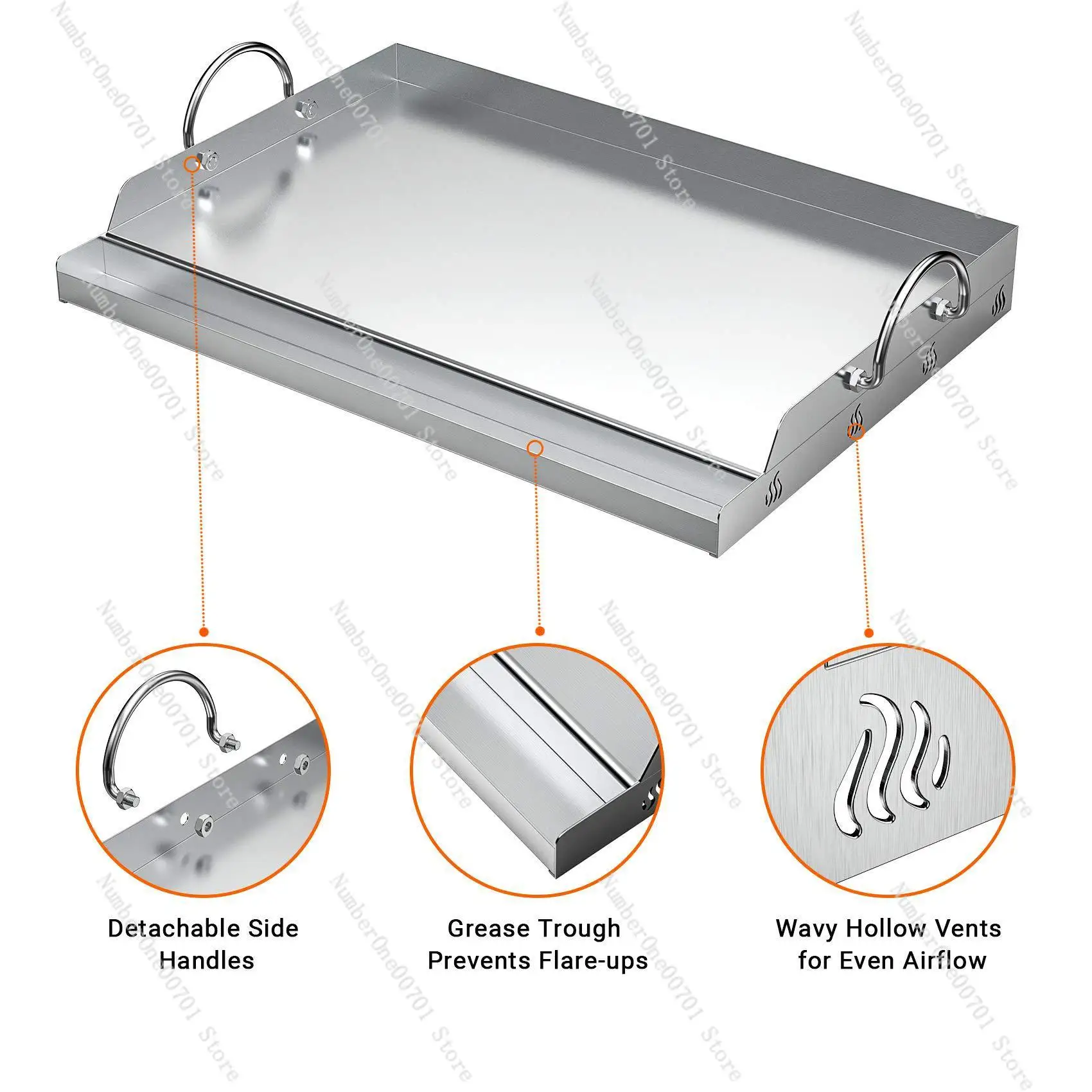 Universal stainless steel cooking grill with flat top plate inserts with grease slots and handles