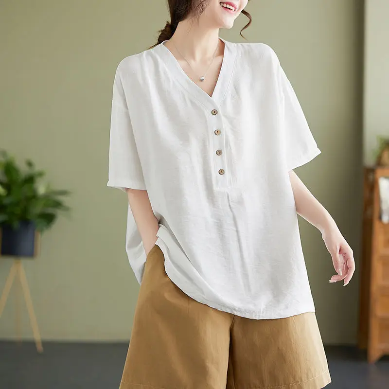 Simple Versatile Summer Women\'s V-neck Solid Color Single Broken Ice Silk Fabric Cotton Fashion Casual Short Sleeve Loose Tops