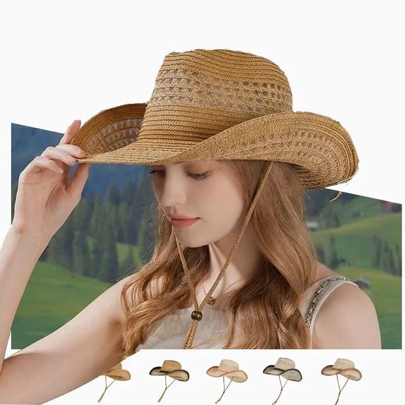 Foldable Large Brim Natural Straw Hat, Windproof Chin Strap UV Sun Protection Floppy Cap for Ladies Beach Vacation