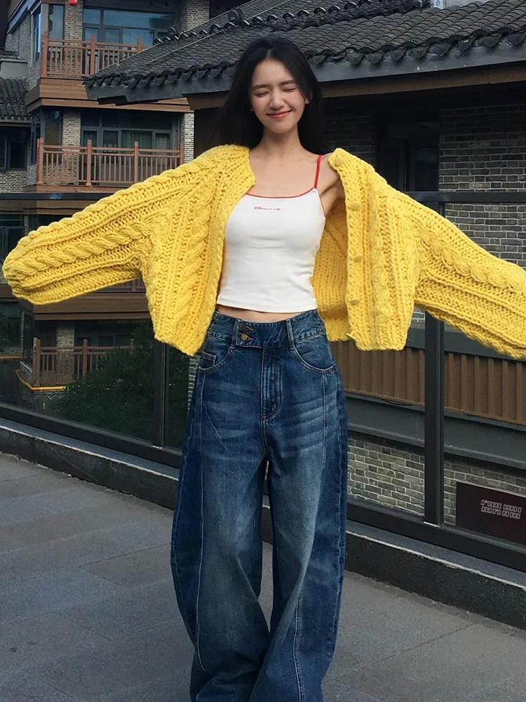 

Retro Faion Loose Lantern Sve Thi Knit Sweater Cardigan Women's Autumn Winter High End Feel Younger Outerwear Top Trendy