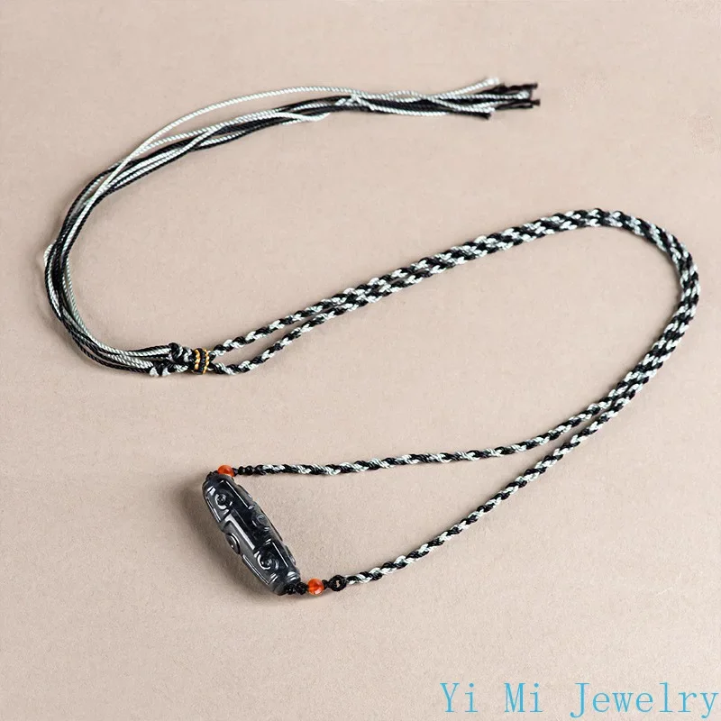 Natural GradeA Myanmar Jadeite Pendant Wuji Stone Nine Eyes Dzi Bead Jade Necklace Men Women Fashion Jewellery Gift with Lanyard