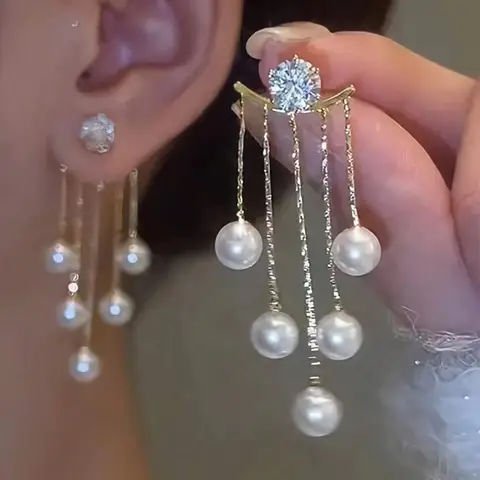 925 Silver Needle Korean Fashion Pearl Tassel Earrings For Women Jewelry 2025 Trending New Luxury Women's Zircon Pearl Earrings