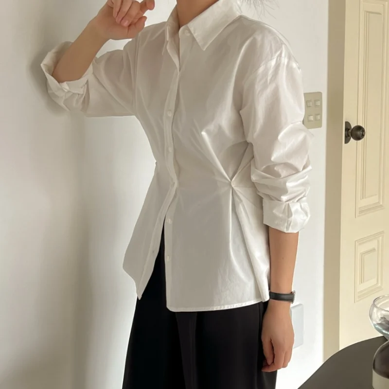 المرأة عارضة أنيقة irt الكورية Sle الجانب زر الخصر Cinching متعرج تصميم لون نقي أعلى تنفس ألياف البوليستر