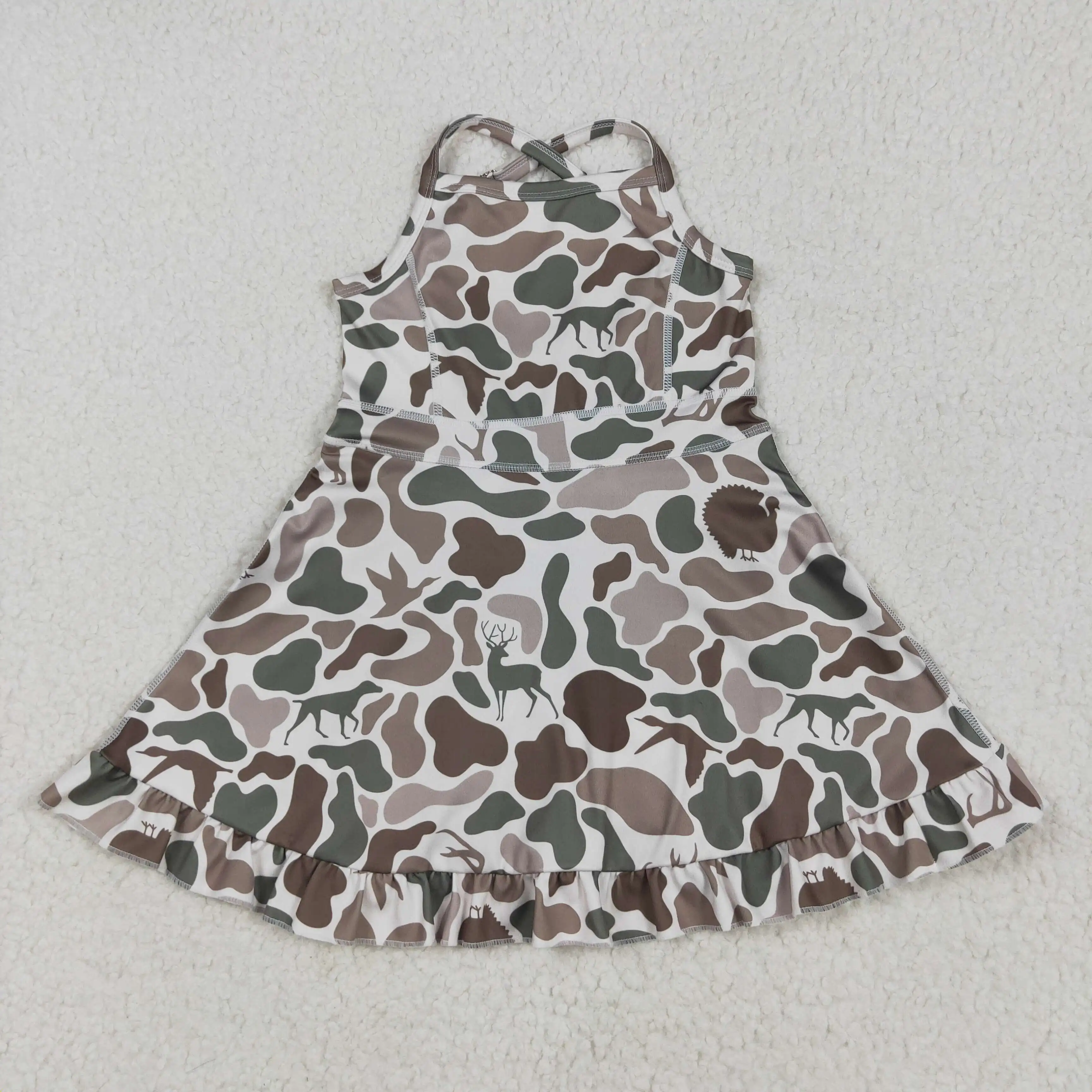 Wholesale Toddler Summer Baby Girls Strap Green Deer Dogs Ducks Camo Skorts Athletic Knee Length Dress Kids Children Clothes