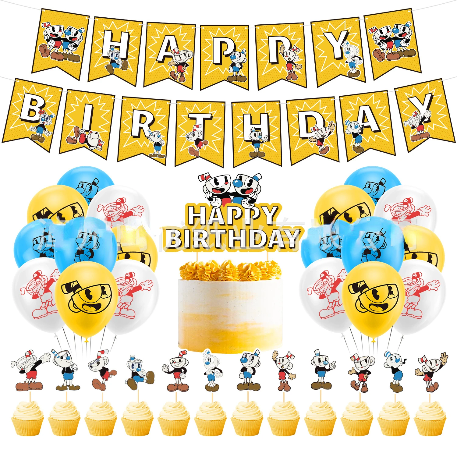 Cupheads Theme Balloon Arch Kit, Happy Birthday Decoration, Party Favor Banner, Cake Toppers, Supplies for Kids, Boy Gift